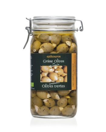 Økologiske grønne oliven med mandler, 1,5 kg - Fantastisk smag!