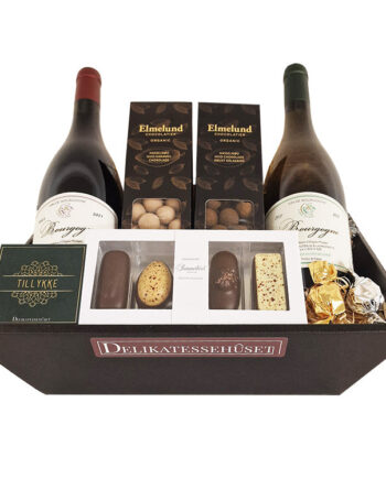 'Tillykke' gavekurv med Bourgogne vin, nødder & chokolade