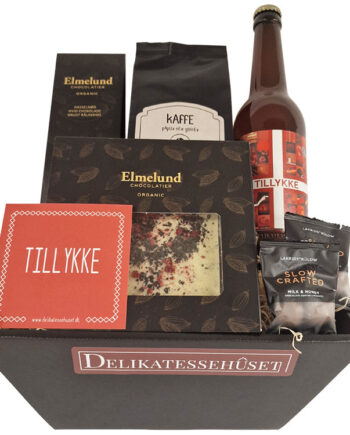 Gavekurv - økologisk 'tillykke' gave med kaffe, øl og chokolade
