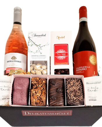 'Tillykke' kurv med brownies og sparkling wine